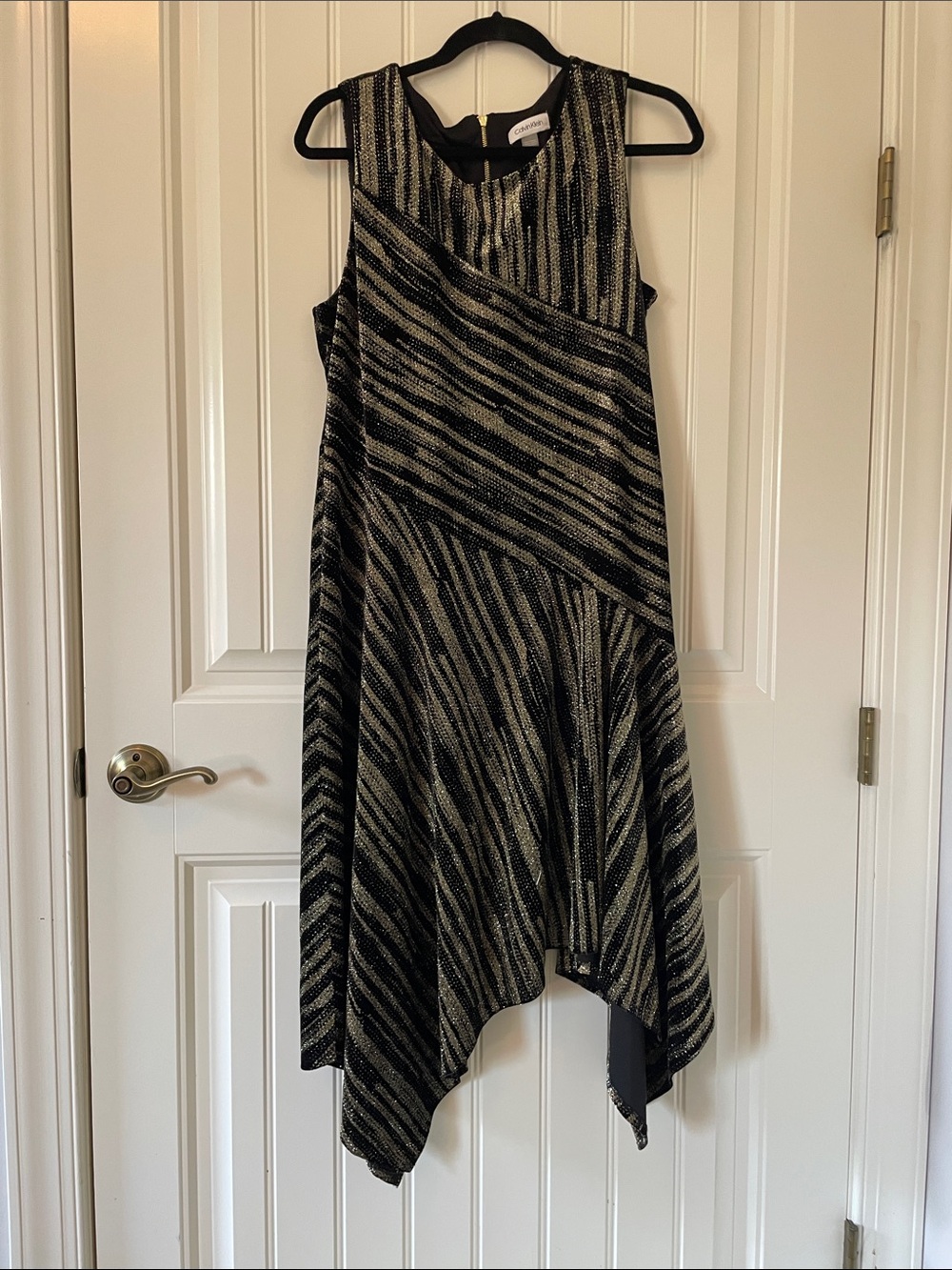 Calvin Klein Black and Silver Sleeveless Handkerchief-Hem Dress